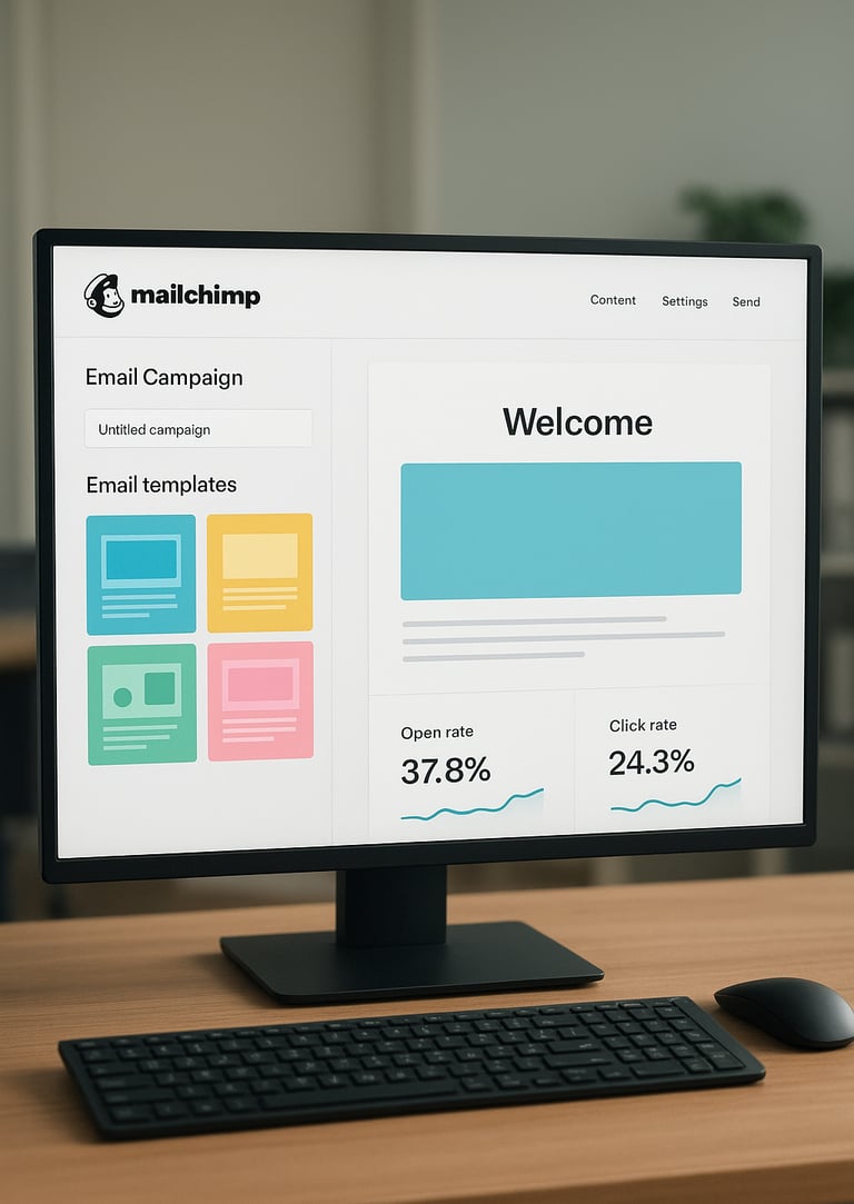 Interface-Mailchimp-mostrando-campanha-email-sendo-criada-com-templates-coloridos