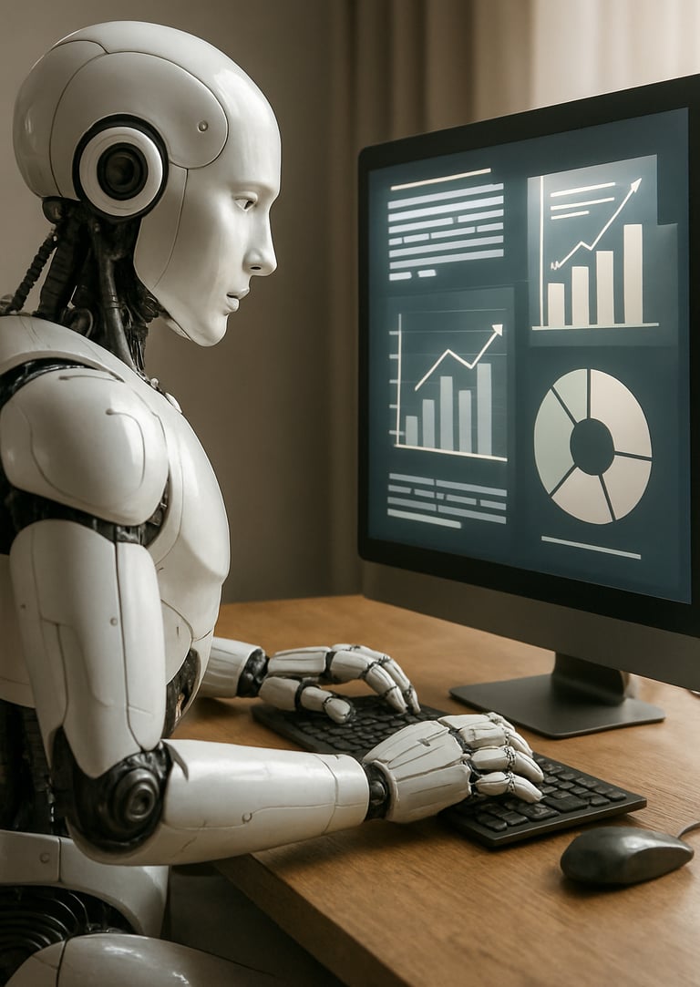 Robô-trabalhando-computador-criando-conteúdo-educativo-gráficos-textos-saindo-tela