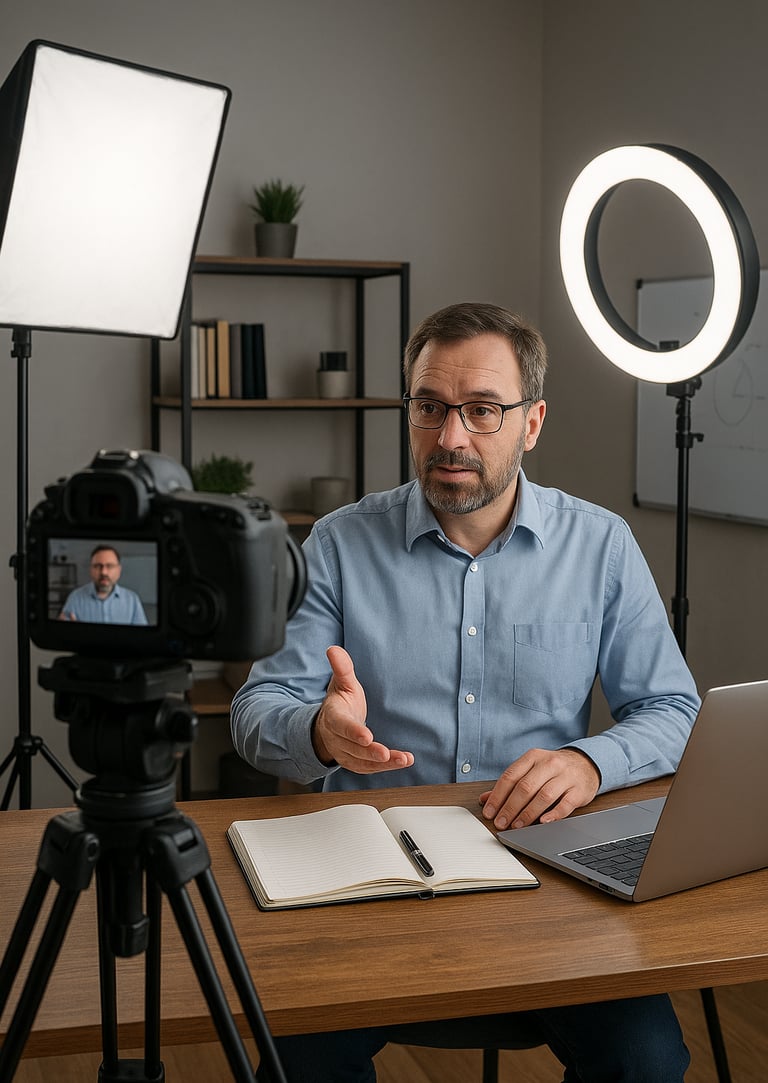 Setup-gravação-caseiro-profissional-câmera-iluminação-professor-gravando-aula