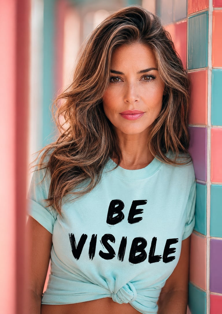 Femme portant un t-shirt « Be Visible », rends ton image de marque visible avec M.I.U.