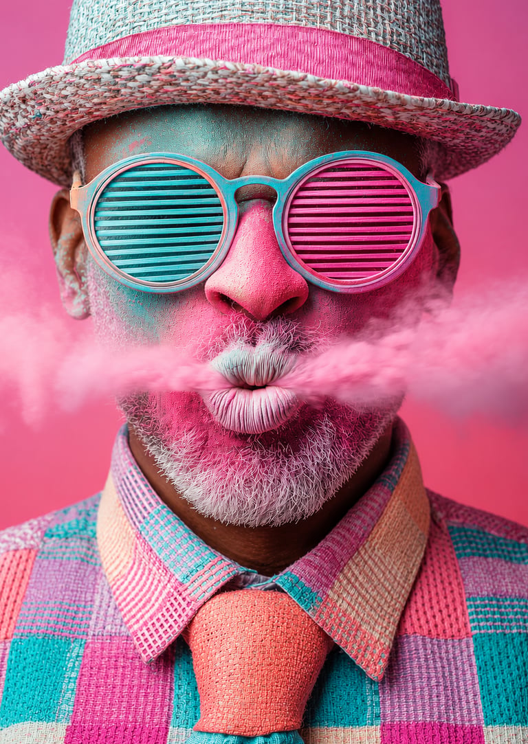 Homme au style pop et coloré, branding audacieux pour entrepreneur singulier.