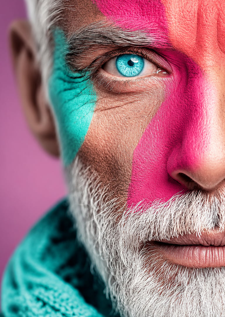 Homme au visage peint de couleurs vives, une image de marque qui s'affirme.