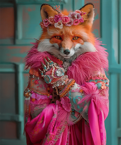 Renard anthropomorphe vêtu d'une robe rose ornée de bijoux, coiffé d'une couronne de fleurs.