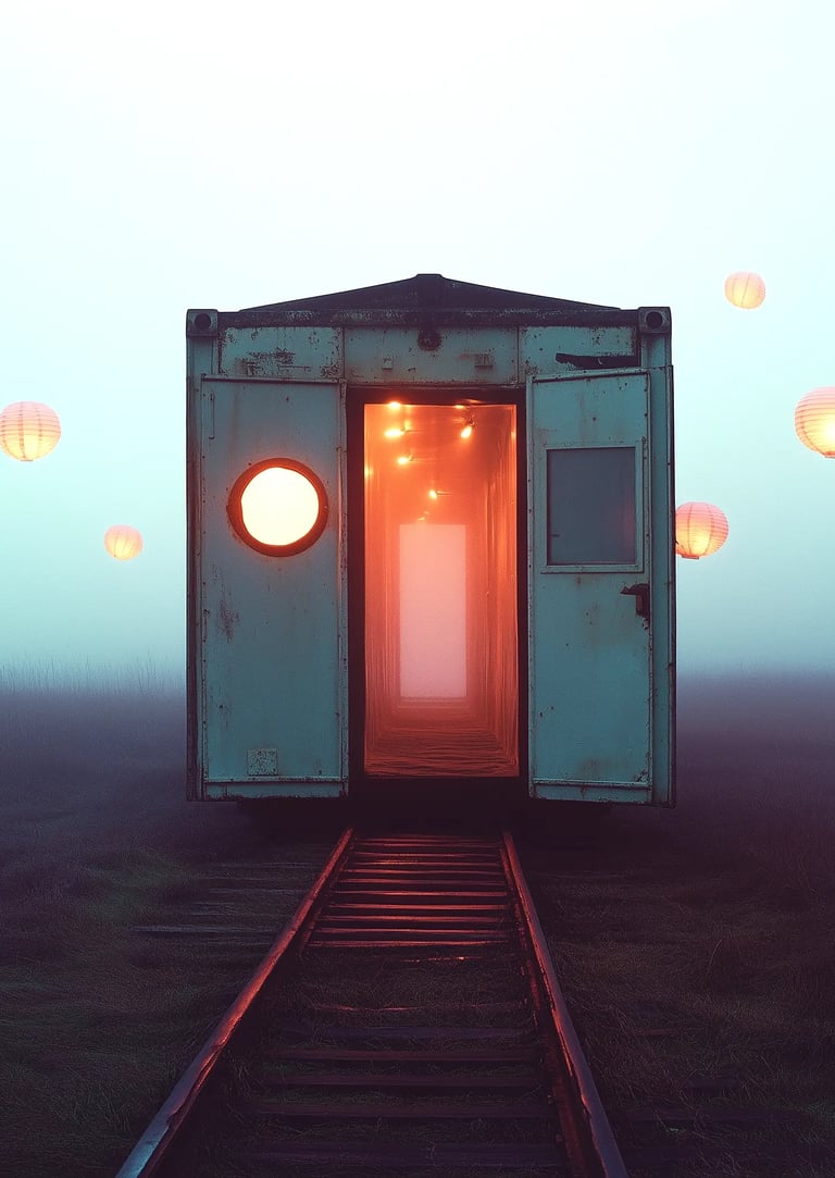 Wagon abandonné éclairé de l’intérieur, posé sur des rails brisés, lanternes flottantes en arrière-plan.