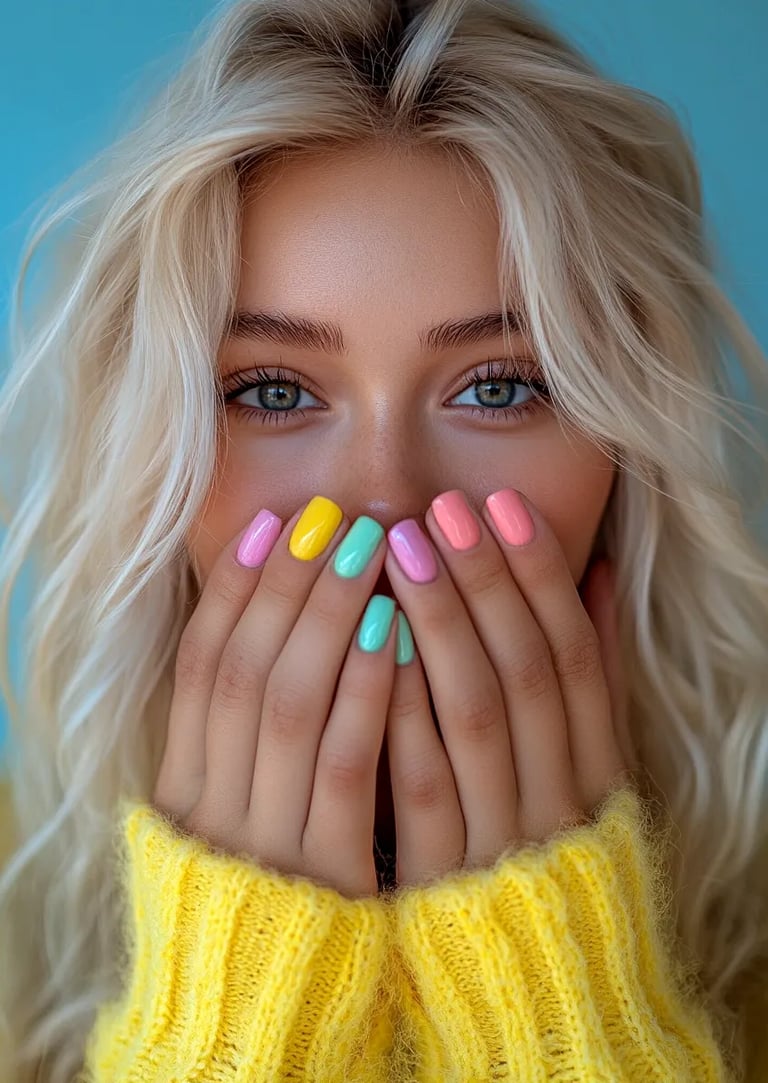 Femme blonde en pull jaune, mains sur le visage, ongles pastel colorés, fond bleu vif.