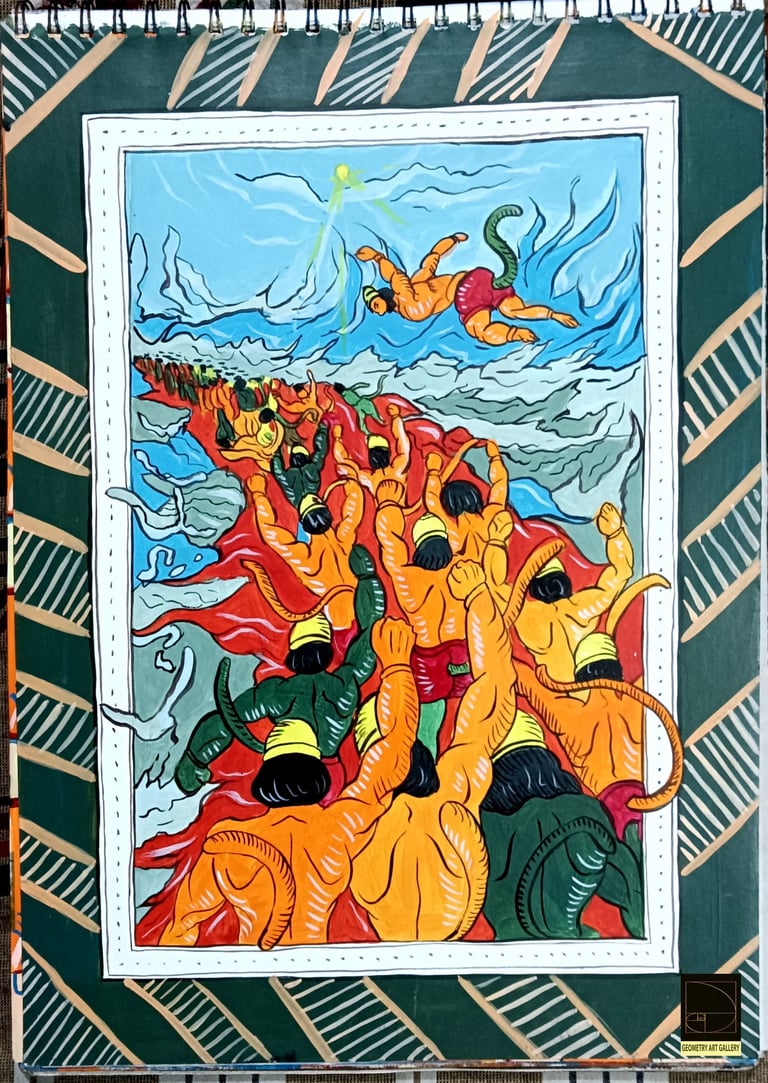 pattachitra art of hindu scripture ramayana in which army of monkeys are heading towards lanka
