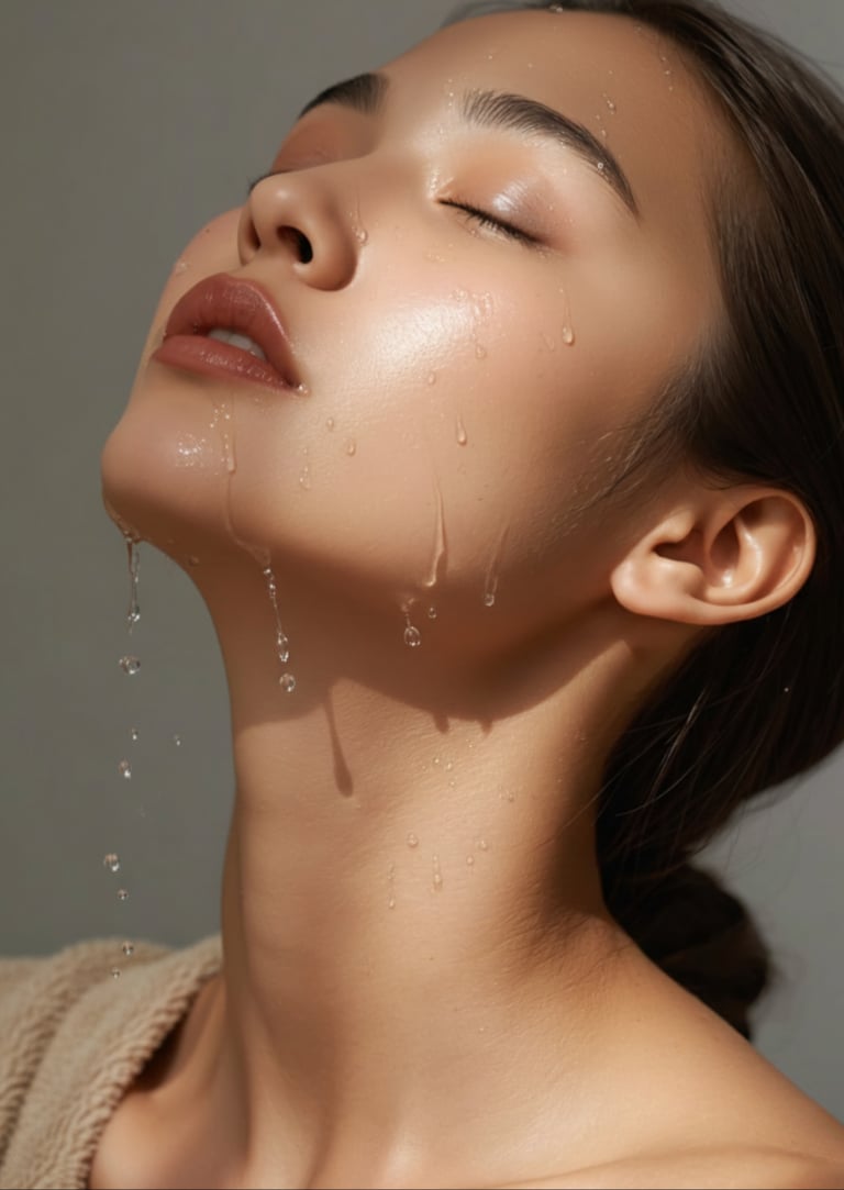 Woman with glowing clear skin and water droplets dripping down her face for a hydrating skincare concept.