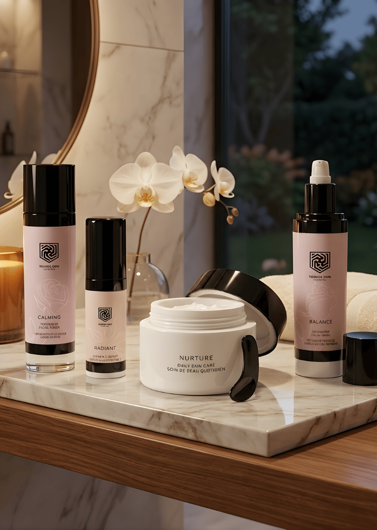 Luxury skincare set featuring face cream and serums on a marble bathroom vanity with a candle and orchid.