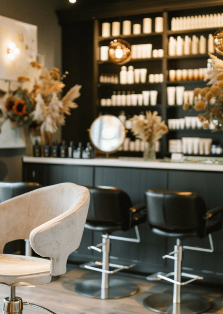 Modern hair salon interior with luxury styling chairs, professional products, and floral decor.