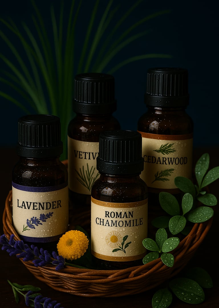 Essential Oil bottles of Chamomile, Lavender, Cedarwood and Vetiver in a basket