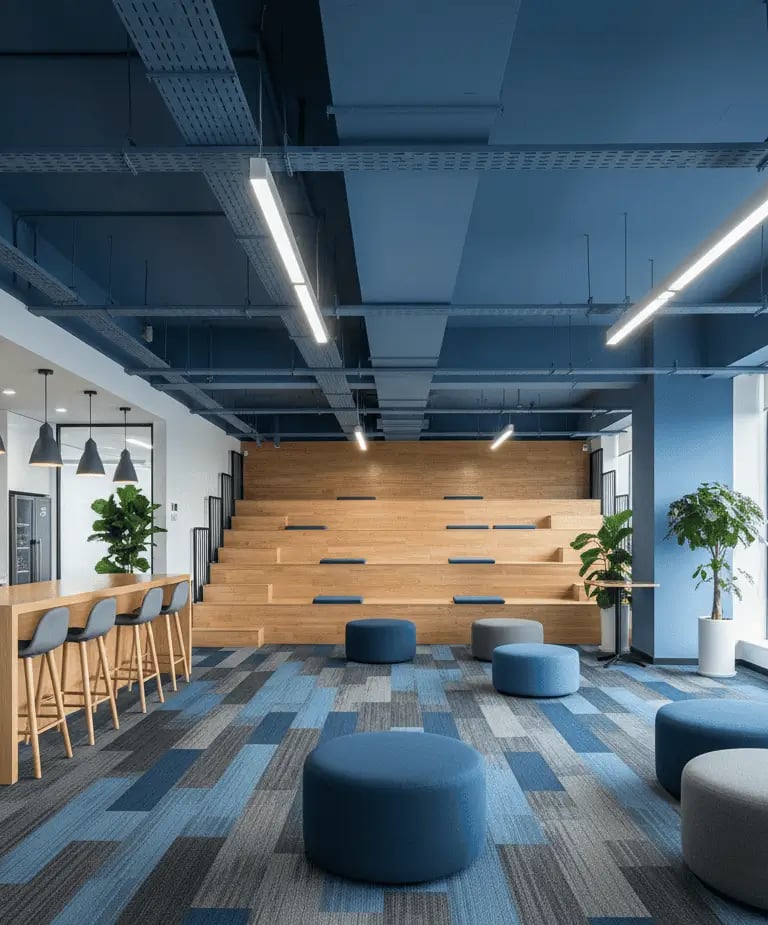Area de descompressao de empresa com carpete azul e cinza teto azul móveis amadeirados e puffs azuis com bancada e banquetas