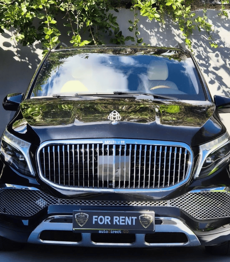 Front view of a black Mercedes-Benz Maybach luxury SUV for rent, featuring a chrome grille.