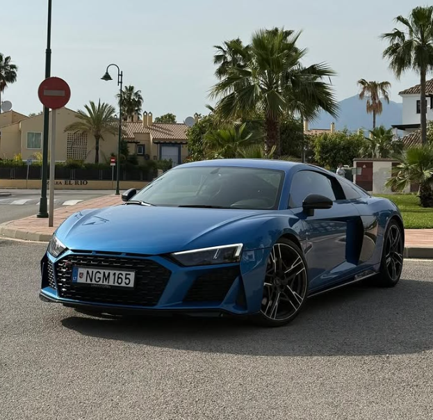 A blue Audi R8 luxury sports car parked on a sunny street with palm trees and villas in the background.