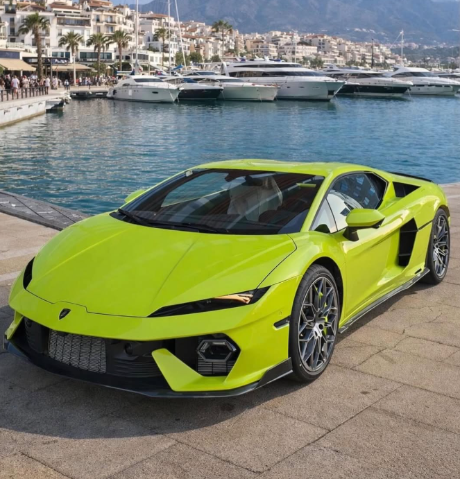 A lime green Lamborghini supercar parked at a luxury yacht marina in Puerto Banus, Spain.