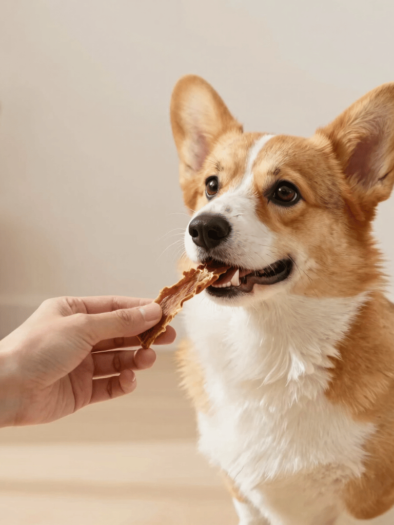 Un perro Pembroke Welsh Corgi tomando felizmente un premio natural de carne seca de la mano de una p