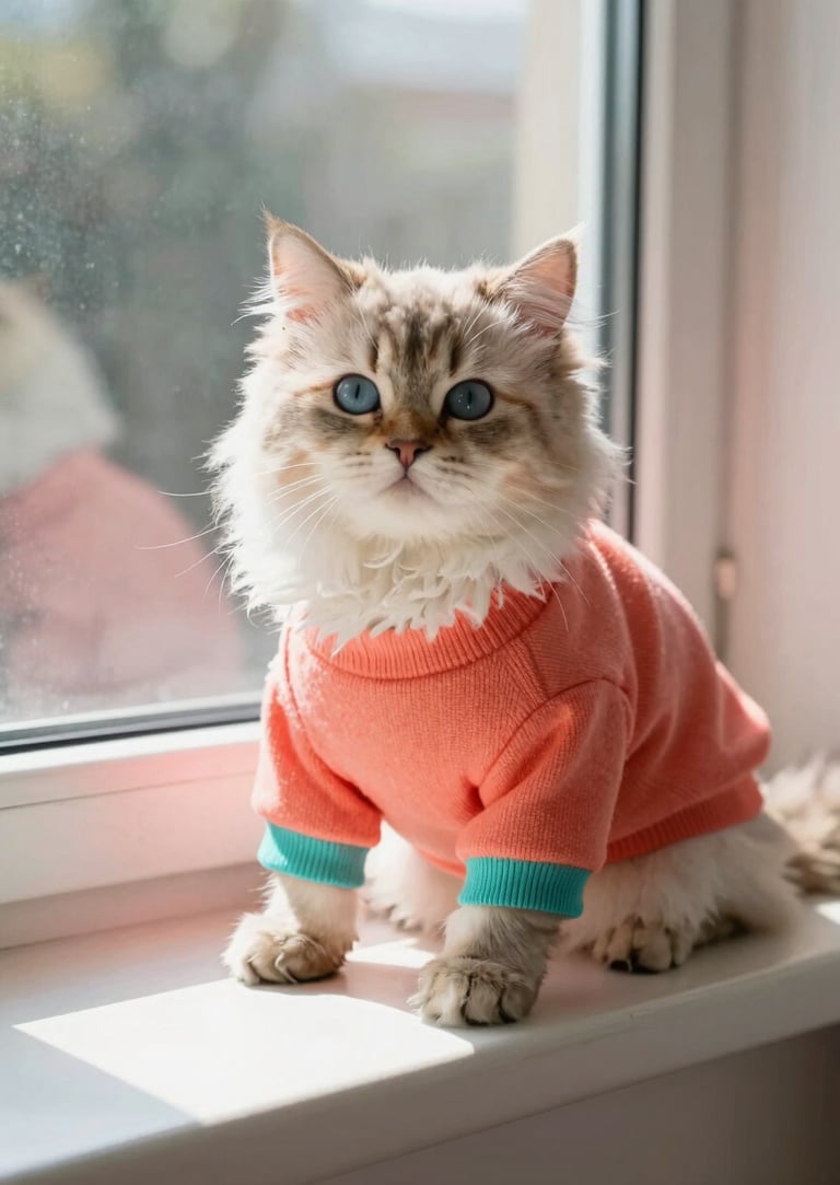 Un gatito esponjoso de pelo largo con ojos azules con un suéter rosa para mascotas sentado 