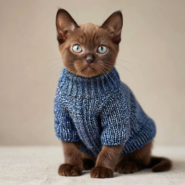 Un gatito birmano marrón con un acogedor suéter de punto azul sentado sobre un fondo neutro.