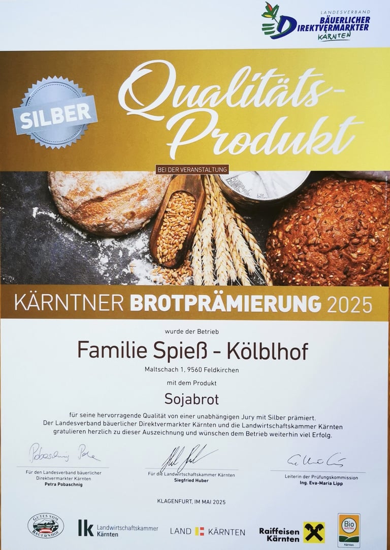 Kölblhof Sojabrot Silber bei der Kärntner Brotprämierung 2025