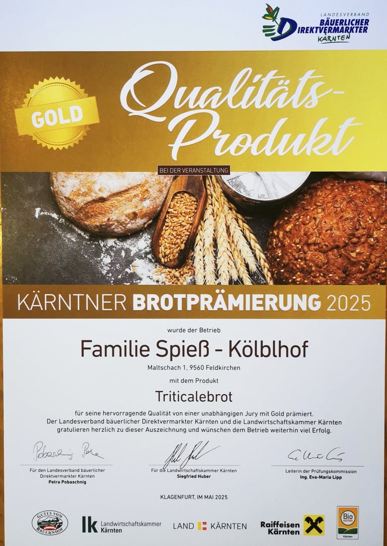 Kölblhof Triticalebrot Gold bei der Kärntner Brotprämierung 2025