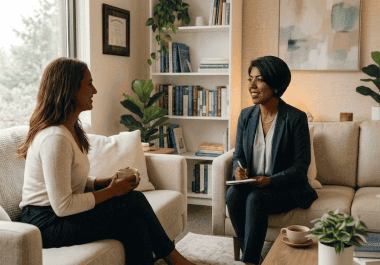 dos mujeres charlando en sesion de terapia psicologica