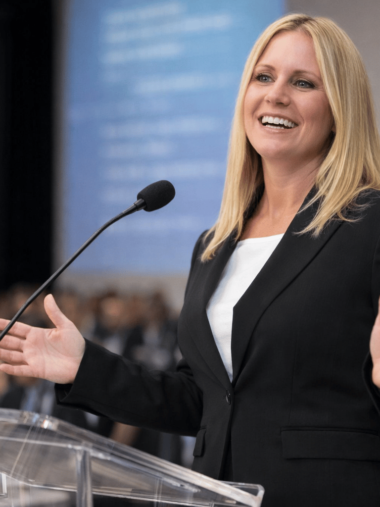 A blonde female professional in a black blazer giving a keynote speech at a business conference.