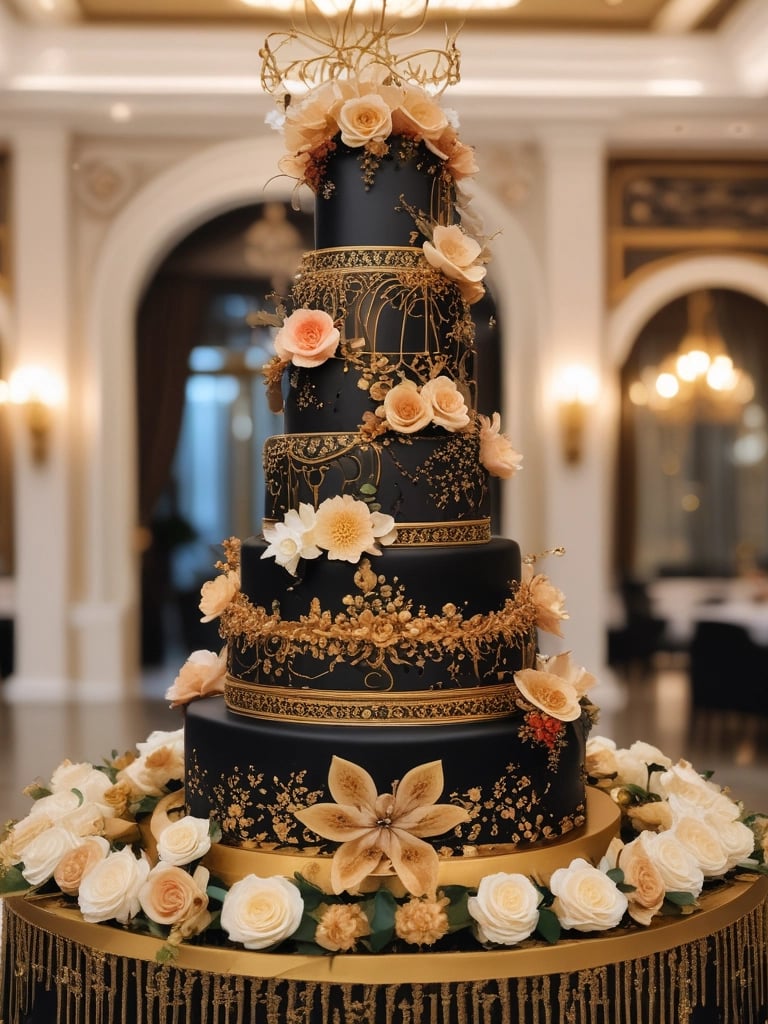 A beautifully designed black and gold wedding cake adorned with intricate floral details.
