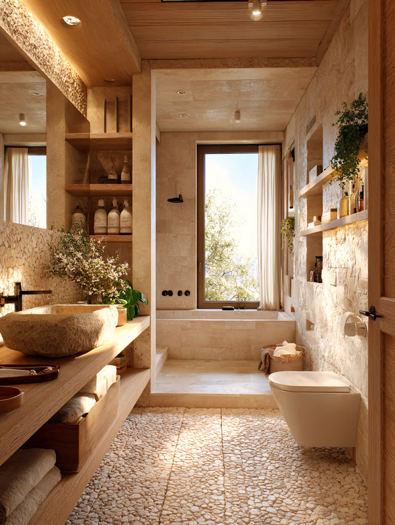 Rustic modern bathroom with a natural stone vessel sink, pebble tile flooring, and a large soaking tub.