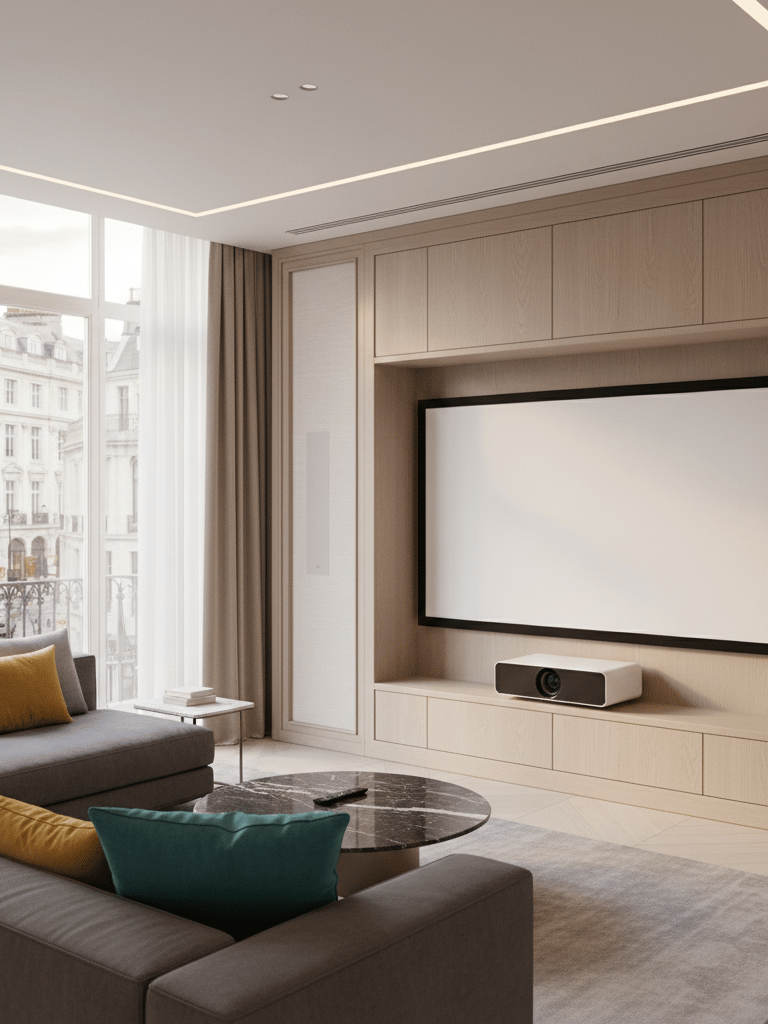 Custom media room in Manchester with a fixed frame projector screen and an ultra short throw project