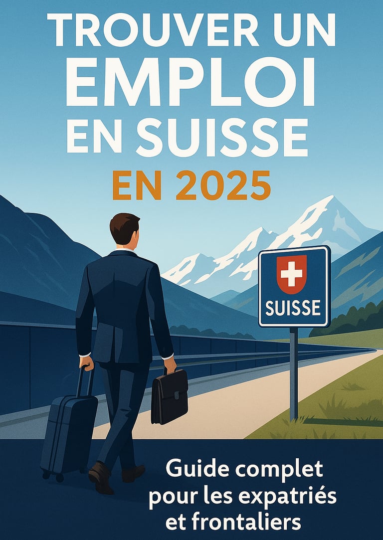 “Trouver un emploi en Suisse en 2025” — illustration d’un expatrié en costume traversant la frontièr