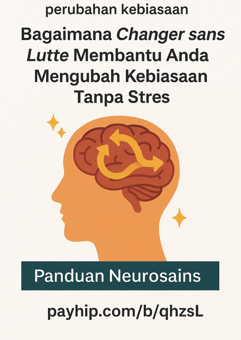 Poster panduan neurosains untuk ubah kebiasaan tanpa stres dengan ilustrasi otak dan panah perubahan