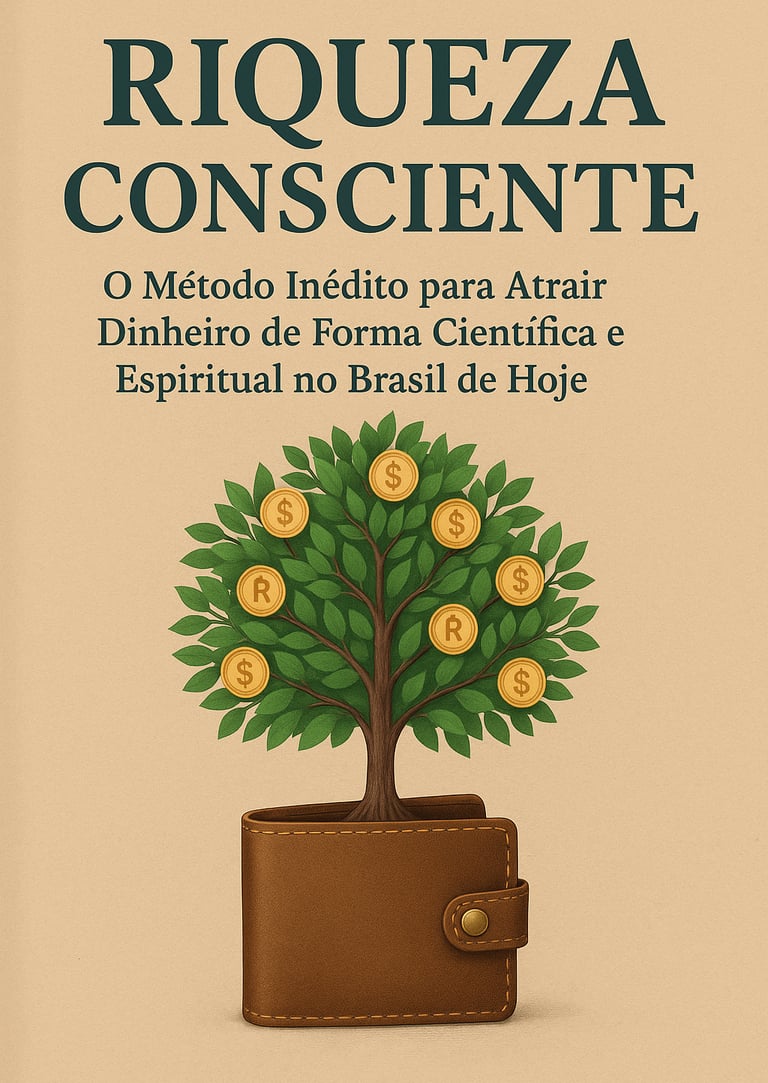 Capa do e-book "Riqueza Consciente" com ilustração de uma árvore de moedas crescendo em uma carteira