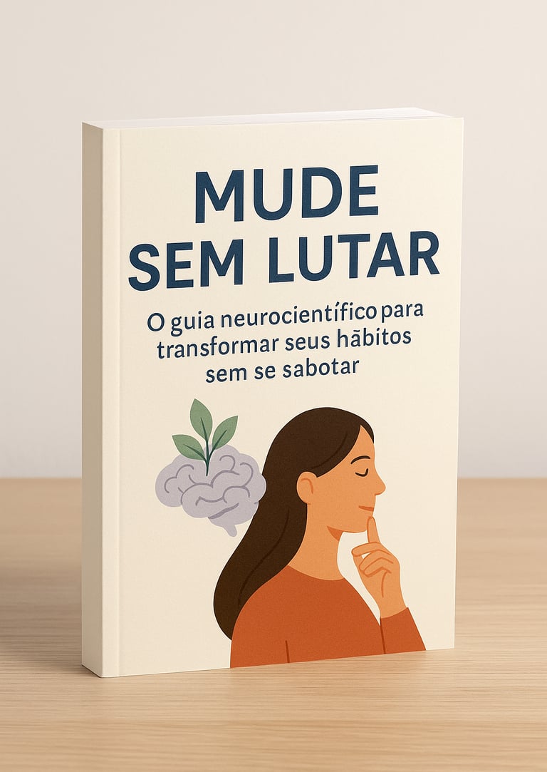 Livro “Mude Sem Lutar” sobre mesa clara – guia transformador de hábitos com leveza e ciência.