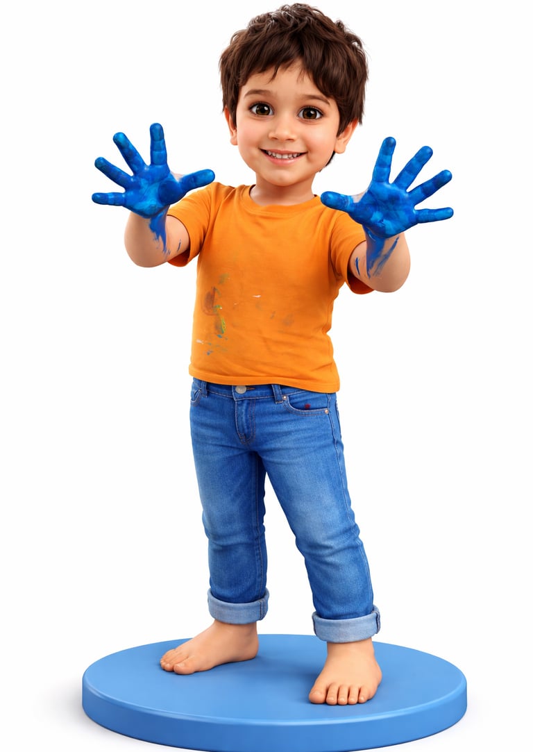 A smiling young boy in an orange t-shirt showing his hands covered in blue paint during a creative art activity.