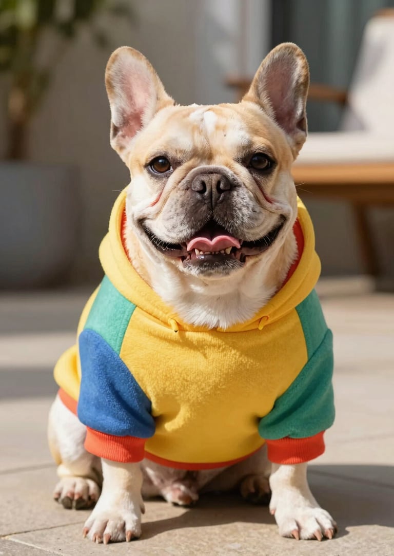 Un bulldog francés con una sudadera polar de colores primarios está sentado al aire libre