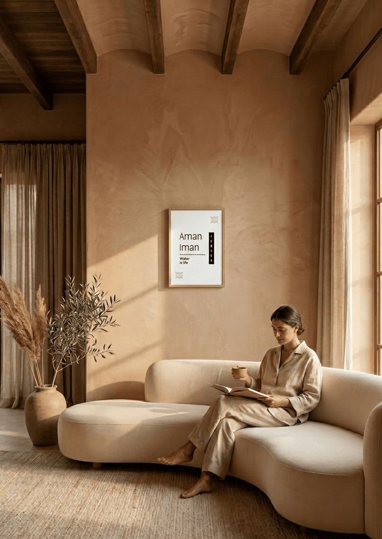 Amazigh “Aman Iman” wall art in warm clay-toned living room with woman reading on curved sofa