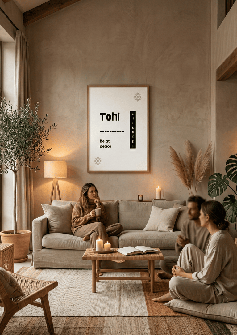 Native American “Tohi – Be at peace” poster in warm bohemian living room with people and candlelight