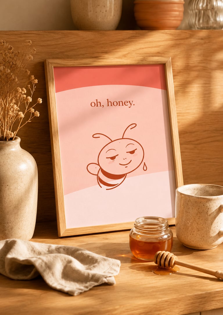 Minimalist wall art poster with cute bee illustration and “oh, honey” quote in warm neutral kitchen setting