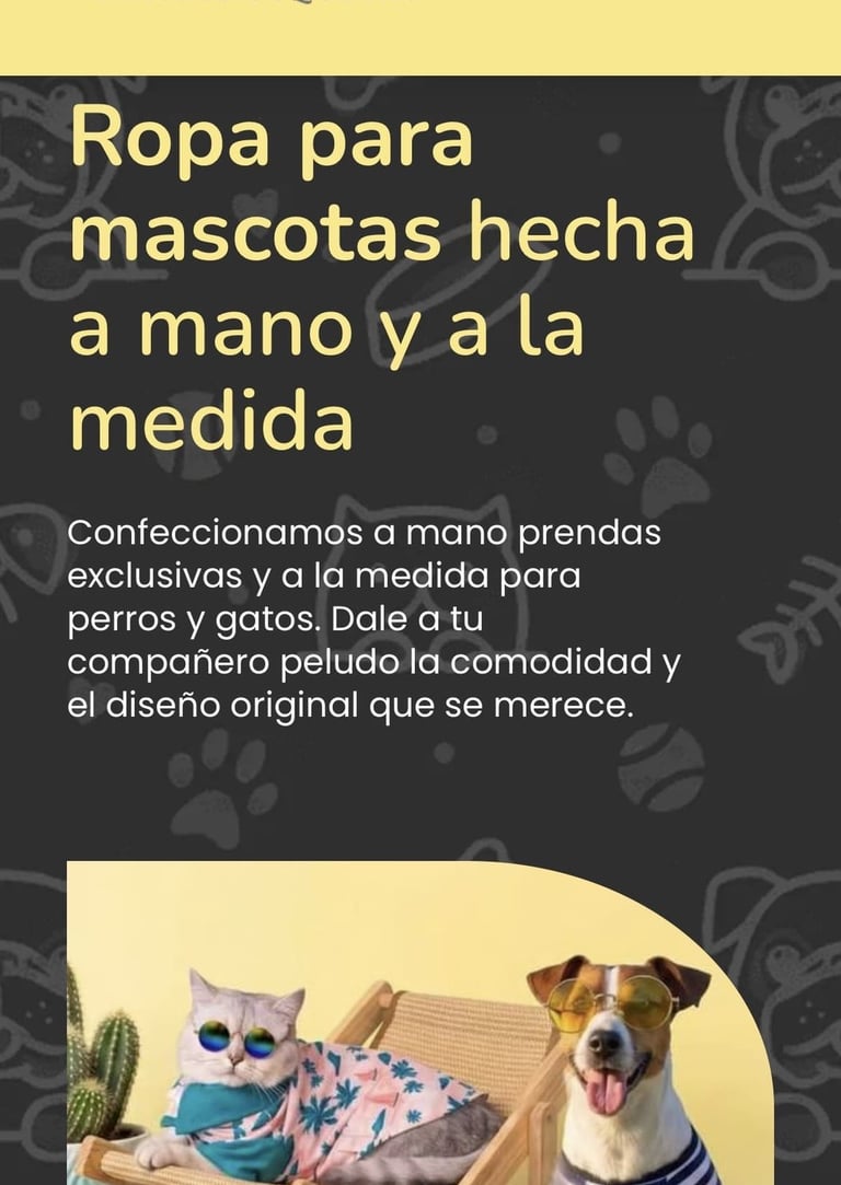 Handmade pet clothing for cats and dogs on Patitas Coquetas website featuring a cat and dog in stylish outfits.
