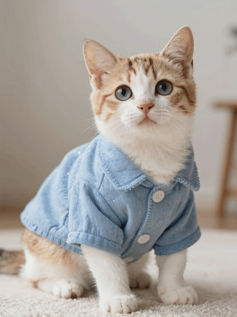 Gatito naranja y blanco con una camisa azul abotonada está sentado sobre una alfombra bllanca