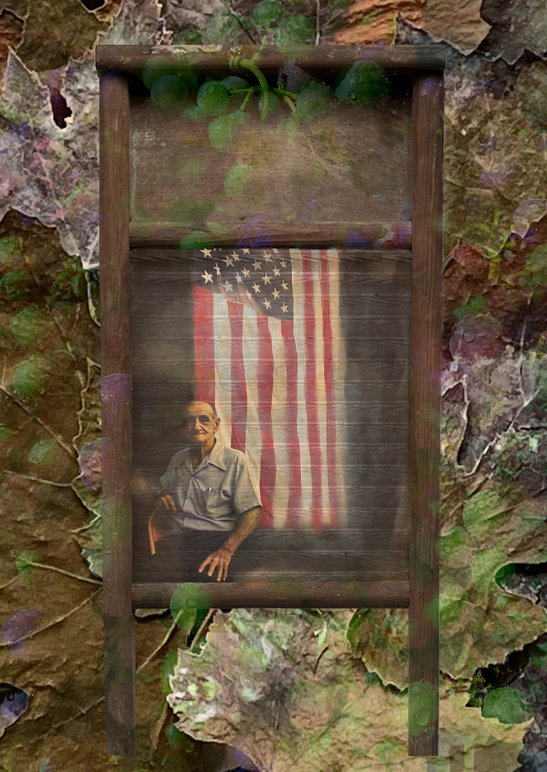 Surreal artistic collage featuring an elderly man and American flag on a rustic wooden washboard.