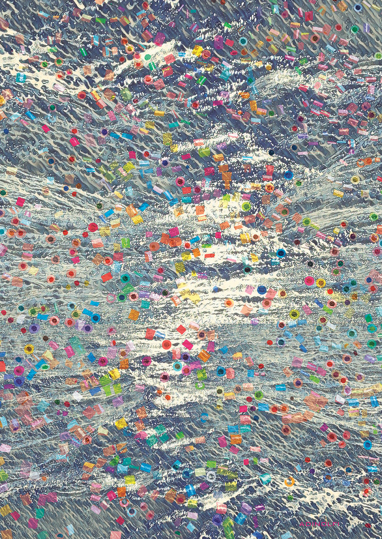 Abstract digital painting and collage  of blue ocean waves with colorful geometric confetti shapes.