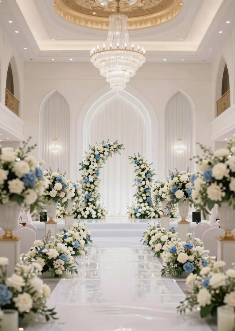 Elegant wedding invitation suite with gold wax seals, blue silk ribbons, and grey envelopes.