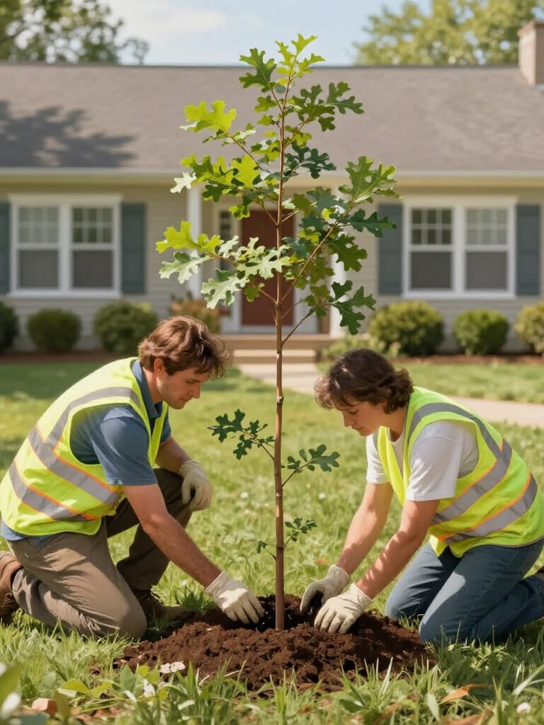 two arborists planting a tree in front of a house