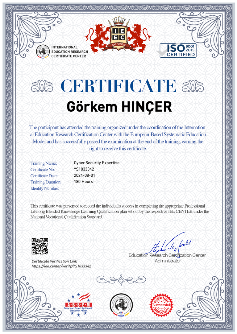 Official Cyber Security Expertise certificate issued to Görkem Hinçer by the International Education Research Certification