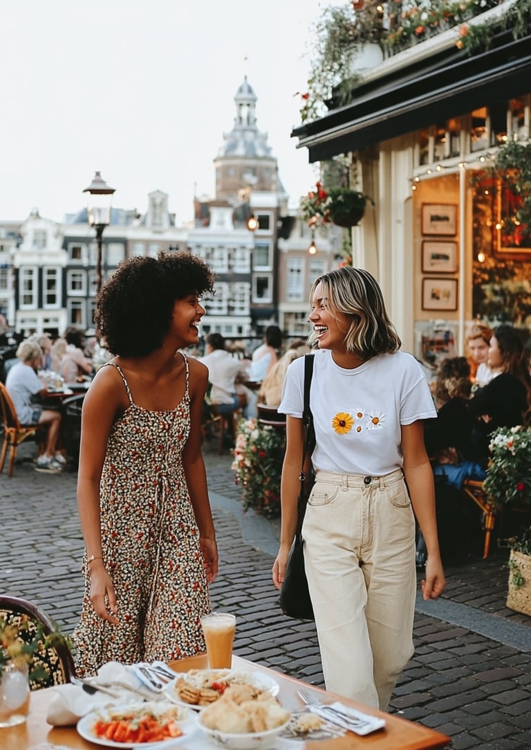 Two friends laughing outside a lively Amsterdam restaurant, enjoying time together at a local dining