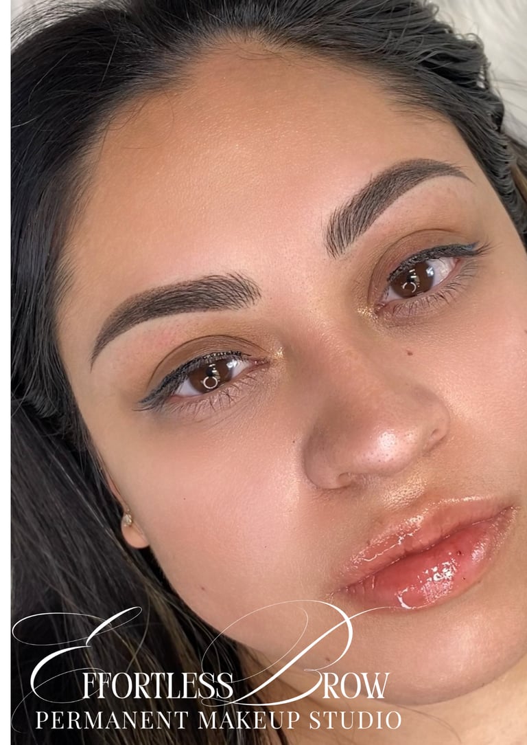 The initial result of a signature combo brow, providing texture and definition for a DFW client.