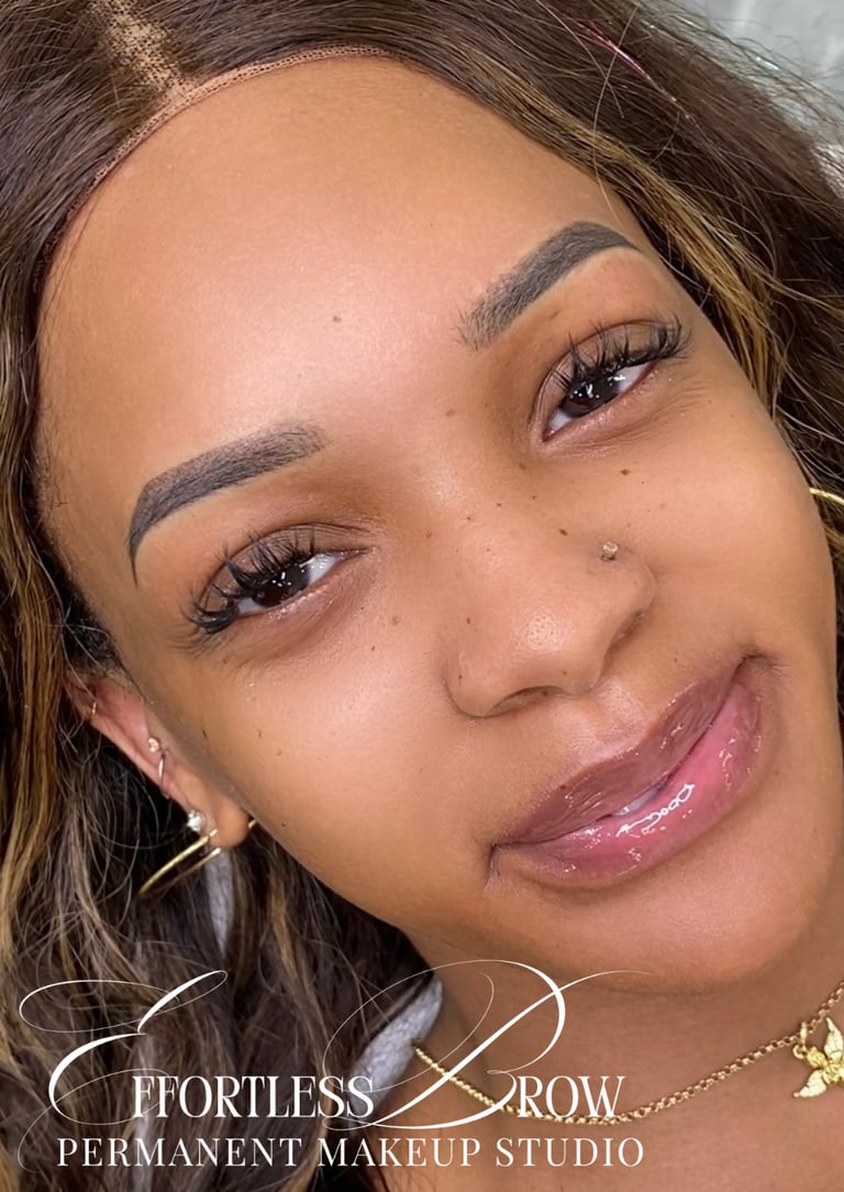 Stunning transformation with freshly done ombre powder brows, providing a full and polished look.