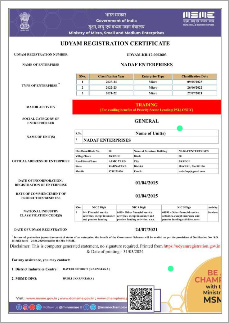MSME registration certificate of Nadaf Enterprises