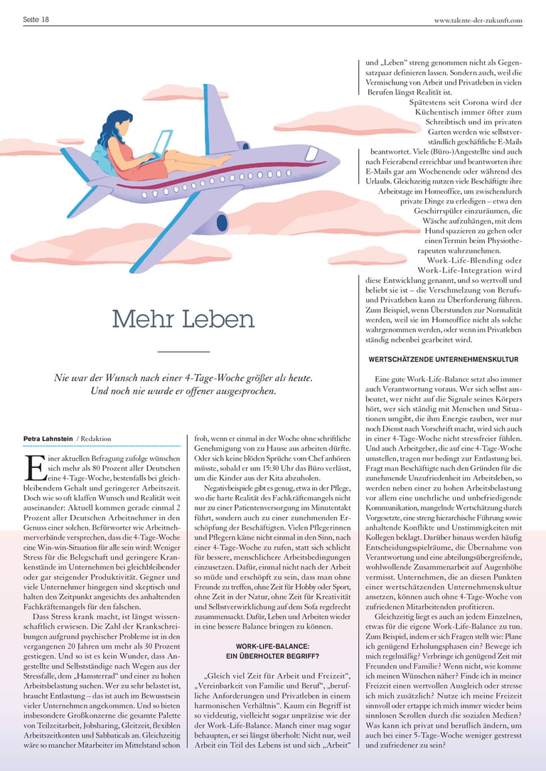 magazine article page of a woman sitting in a plane with a laptop