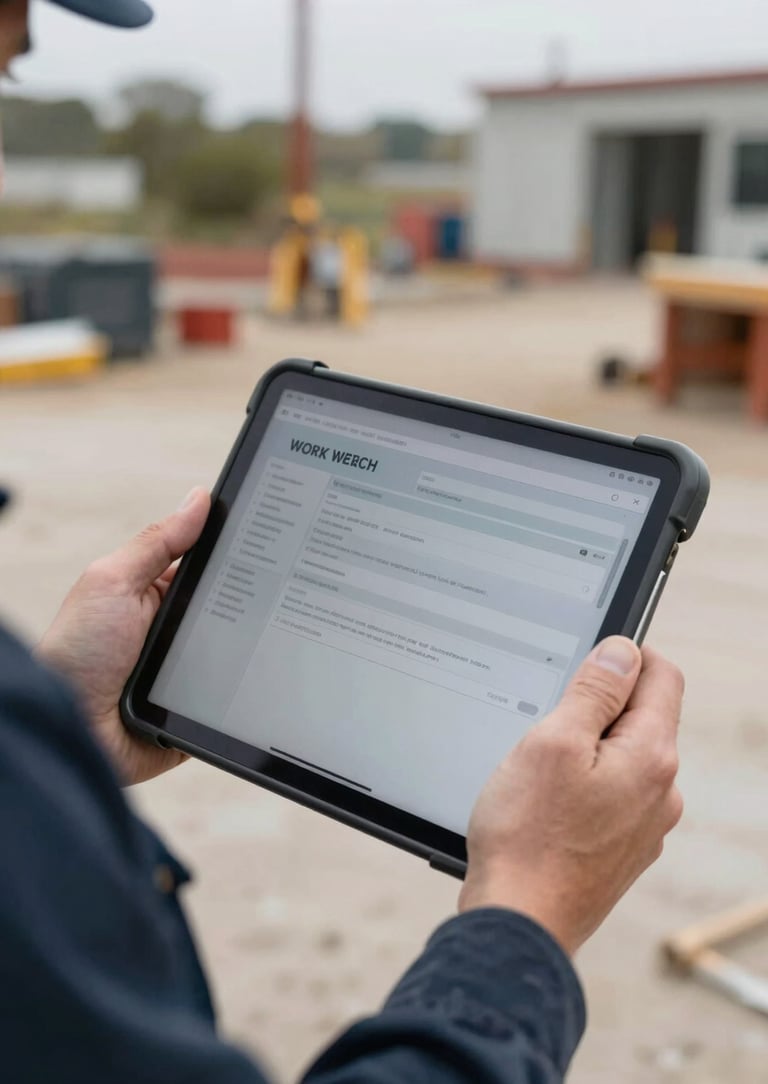 Close-up of hands holding a rugged tablet displaying a work order on a job site, with a blurred background of tools and equipment, natural overcast daylight, muted navy and slate tones, shallow depth of field, 35mm lens.